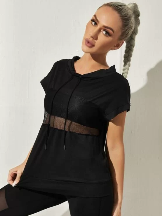Contrast Mesh Color Block Drawstring Sports Tee