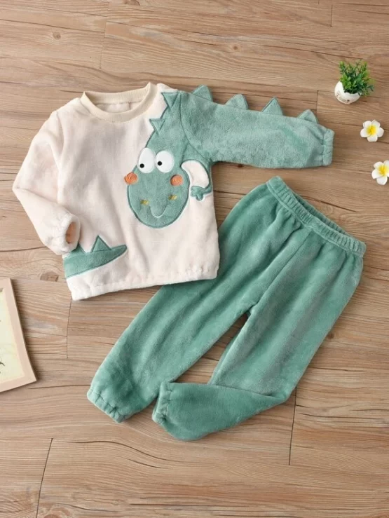 Toddler Boys Cartoon Embroidery 3D Design Patched Flannel Pullover & Sweatpants