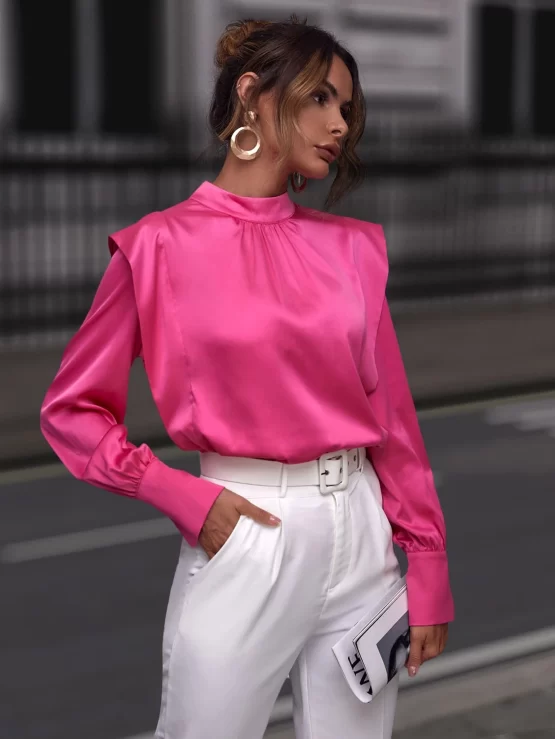 Mock Neck Glamorous Keyhole Back Satin Shirt