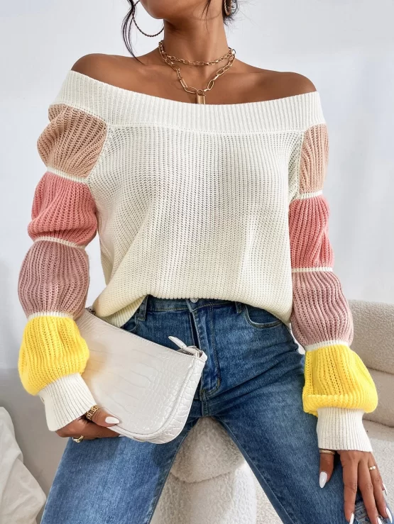 Color Block Rib Knit Gathered Sleeve Sweater