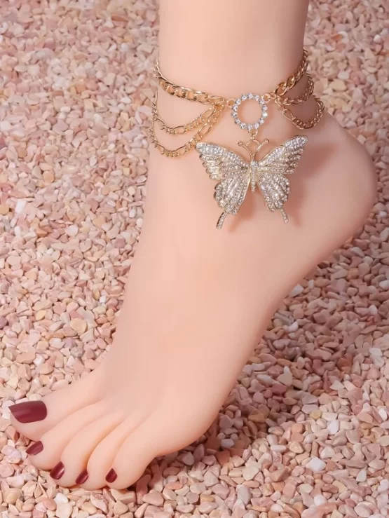 Rhinestone Butterfly Layered Charm Anklet