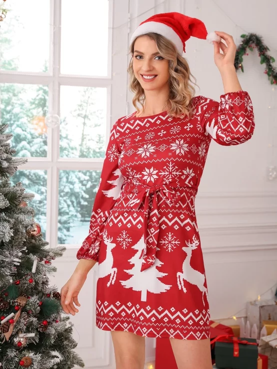 Christmas Print Self Tie Tee Belted Dress