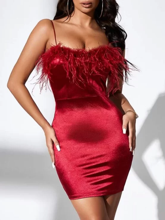Fuzzy Trim Contrast Faux Fur Solid Cami Dress