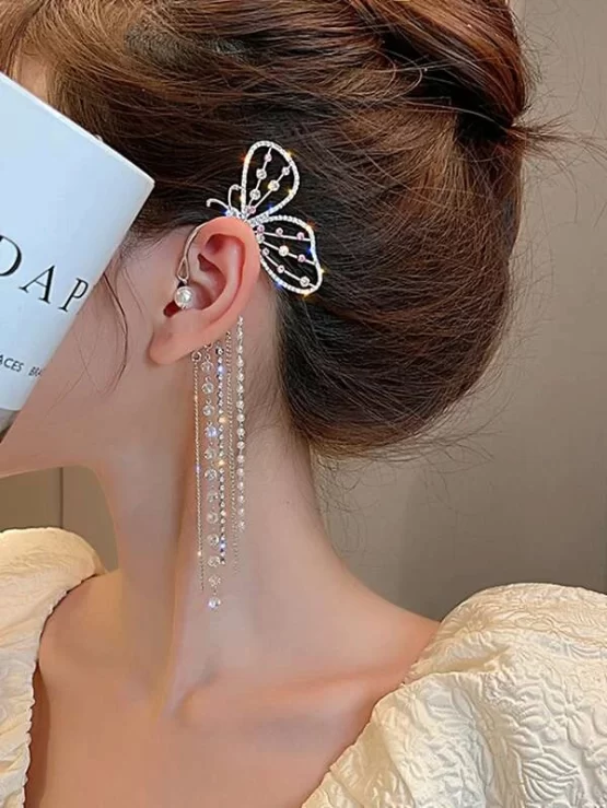 One Piece Rhinestone Butterfly & Tassel Decor Earrings Climber