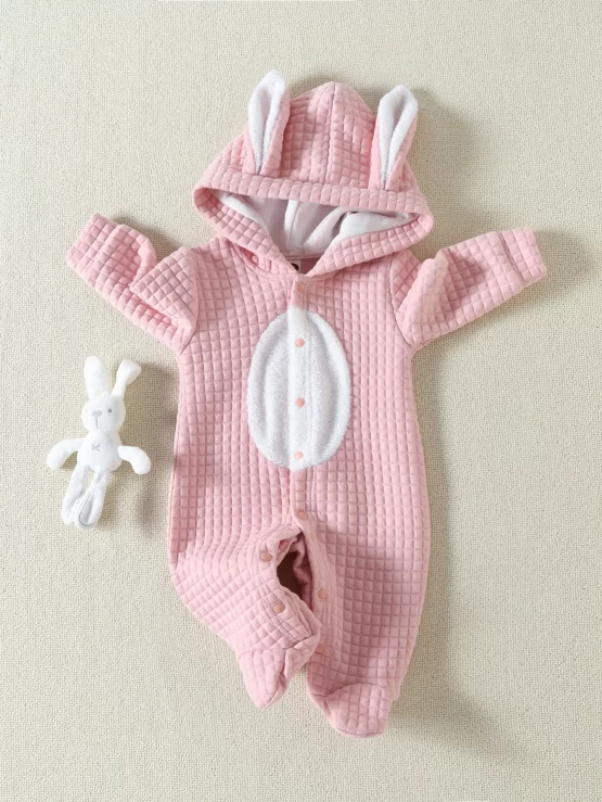 Baby 3D Ears Patched Hooded Footed Sleep Front Jumpsuit