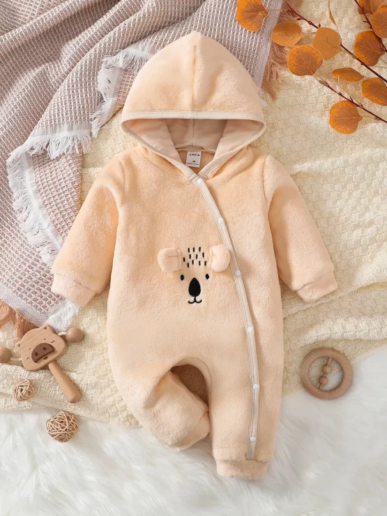Baby Cartoon Embroidery Hooded Teddy Front Jumpsuit