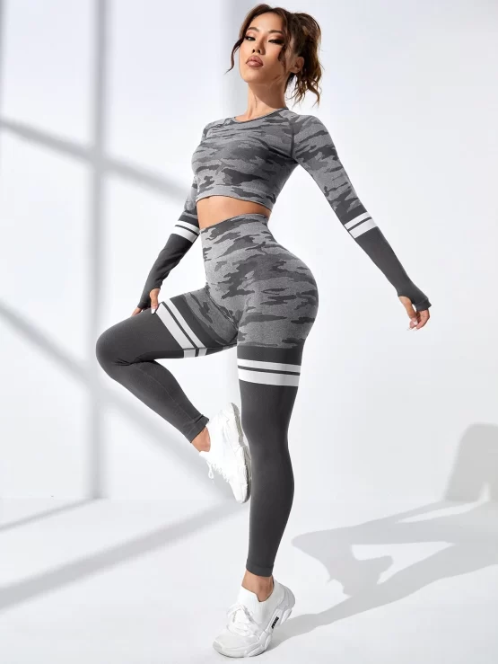 Camo Print Striped Sports Tee & Leggings