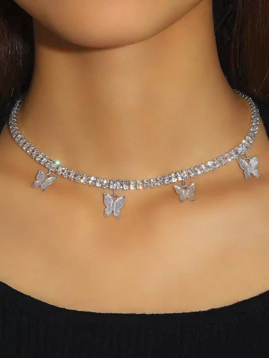 Rhinestone Decor Butterfly Charm Necklace