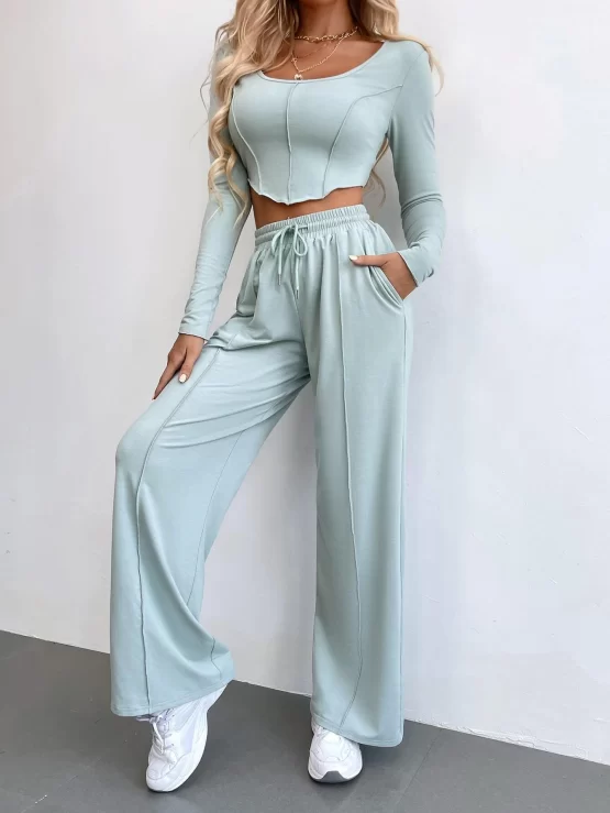 Contrast Stitch Asymmetrical Hem Tee & Drawstring Waist Pants