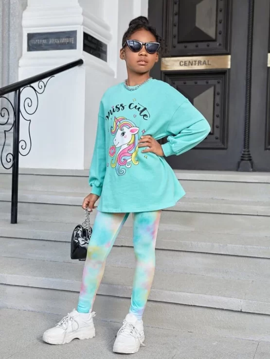 Girls Letter & Unicorn Print Drop Shoulder Hoodie & Tie Dye Leggings
