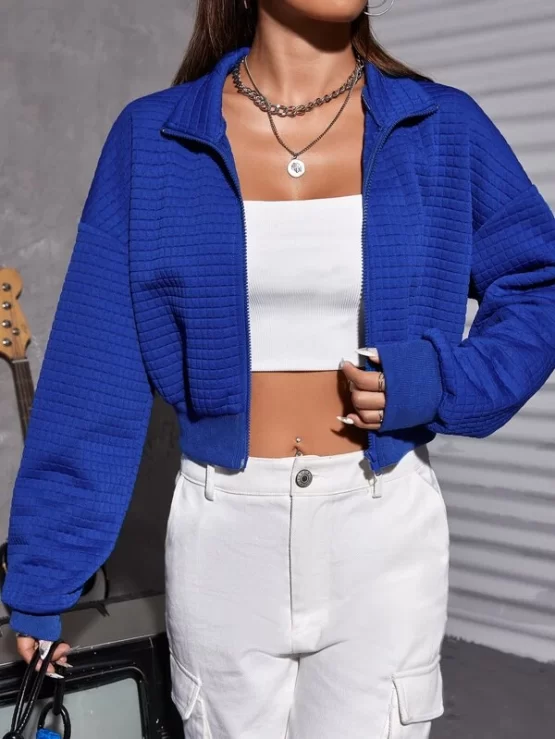 Drop Shoulder Collar Zip Up Crop Jacket