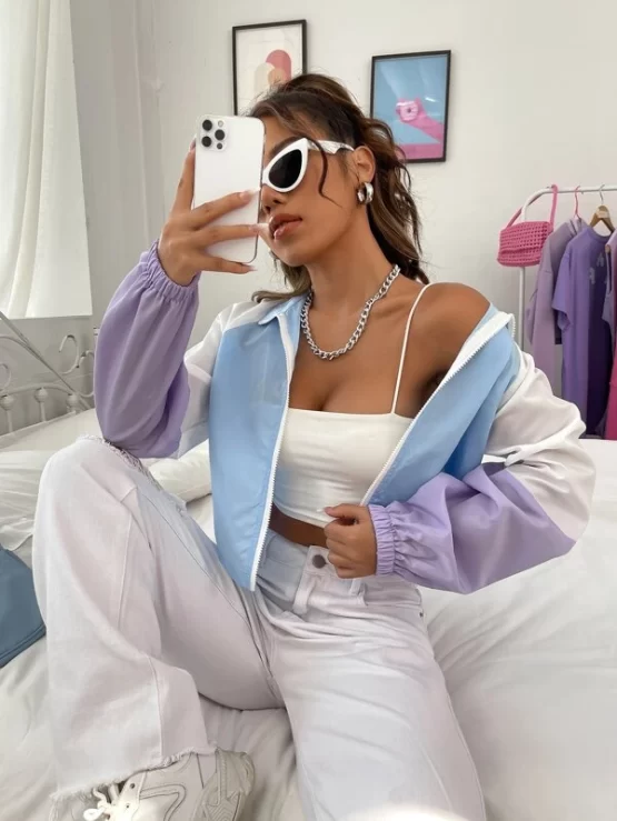 Color Block Raglan Sleeve Zip Up Crop Jacket