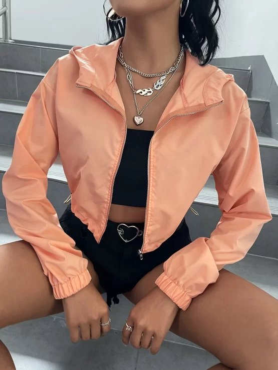 Drop Shoulder Drawstring Hem Wind Hooded Jacket