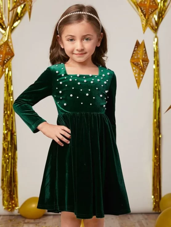 Toddler Girls Pearls Beaded Velvet Sleeve Dress