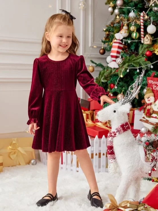 Toddler Girls One Piece Flounce Flared Hem Sleeve Dress