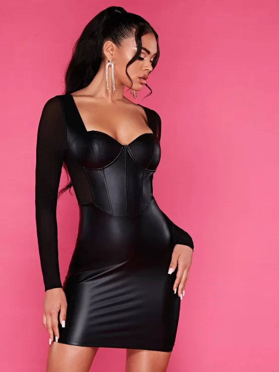 BAE Sweetheart Neck Contrast Mesh PU Leather Bodycon Dress