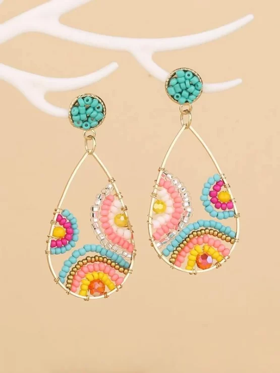 Color Block Bead Decor Water Drop Earrings