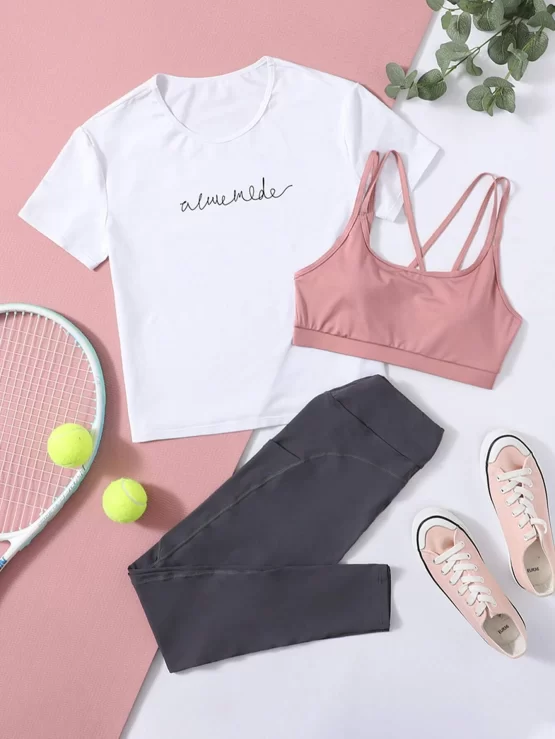 Criss Cross Back Sports Bra & Letter Graphic Sports Tee & Sports Leggings
