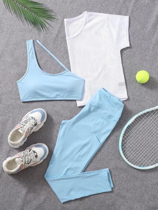 Asymmetrical Neck Sports Bra & Fishnet Tee & Leggings With Phone Pocket