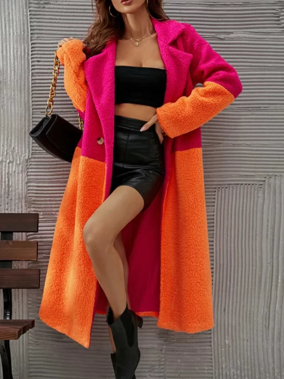 Two Tone Double Button Lapel Collar Teddy Coat