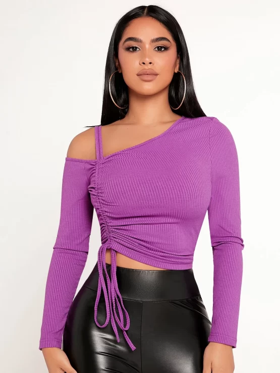 Asymmetrical Drawstring Ruched Side Neck Tee