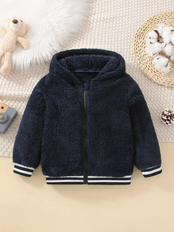 Toddler Boys Striped Trim Hooded Teddy Jacket