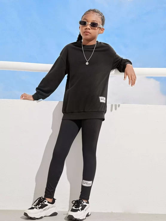 Girls Letter Patched Detail Thermal Drop Shoulder Pullover & Leggings