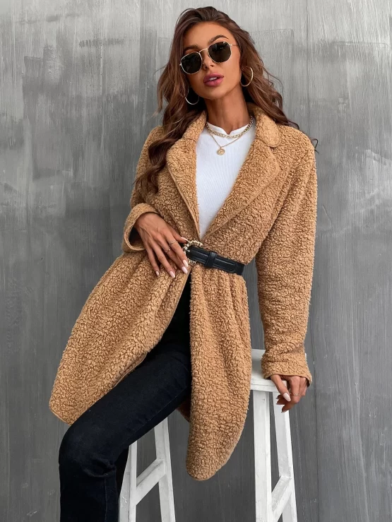 Lapel Neck Open Front Teddy Coat Without Belt