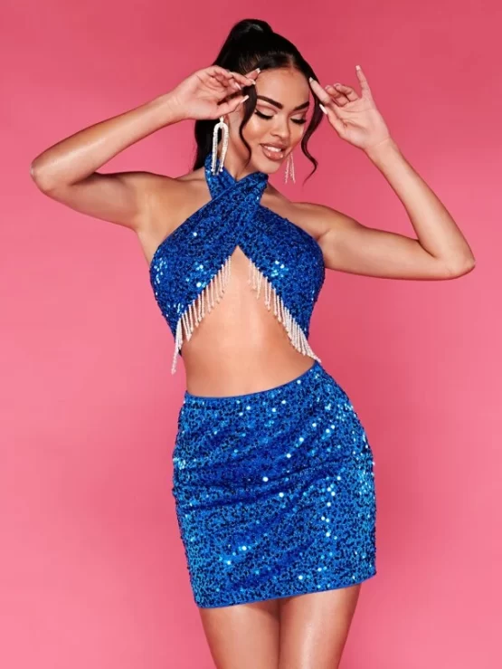 BAE Fringe Trim Crop Sequin Halter Top & Skirt Set