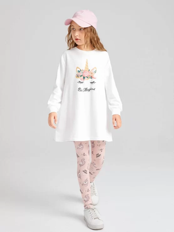 Girls Letter And Unicorn Print Drop Shoulder Tee & Leggings