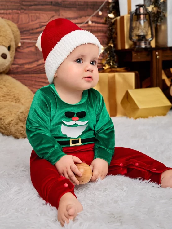 Baby Christmas Sweatshirt Print Jumpsuit With Hat