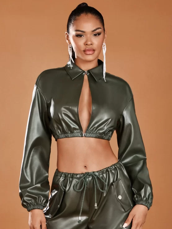 BAE Cut Out Lantern Sleeve Crop PU Leather Jacket