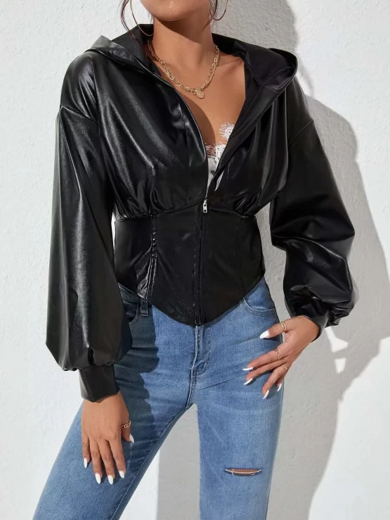 Drop Shoulder Corset Waist PU Hooded Jacket