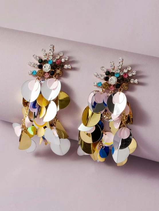 One Pair Colorful Rhinestone Decor Sequin Drop Earrings - Image 3