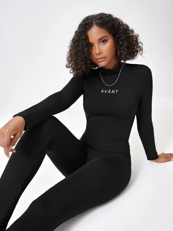 Letter Graphic Mock Neck Unitard Backless Jumpsuit - Image 2