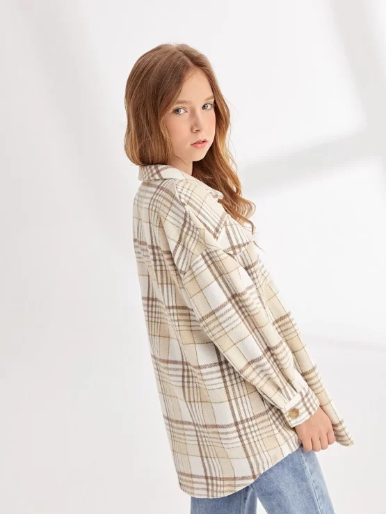Girls Single Breasted Flap Pocket Plaid Button Coat - Image 3