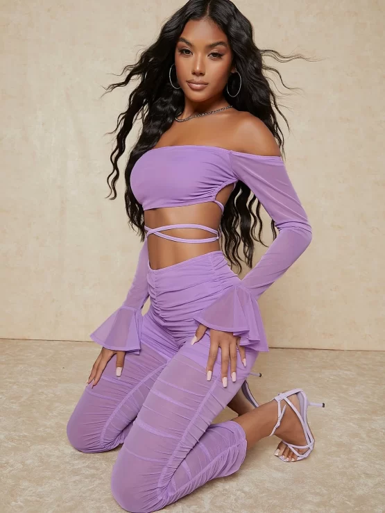 Off Shoulder Lace Up Back Flounce Sleeve Top & Ruched Pants - Image 3