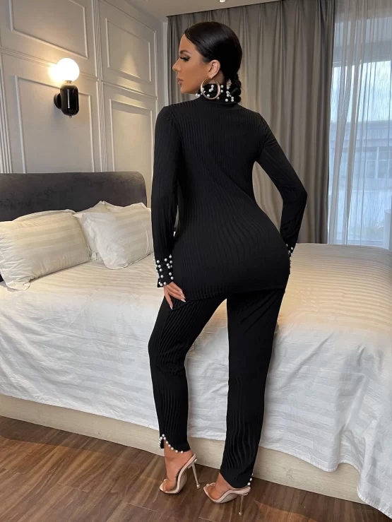 High Neck Pearls Beaded Split Hem Top & Leggings - Image 3