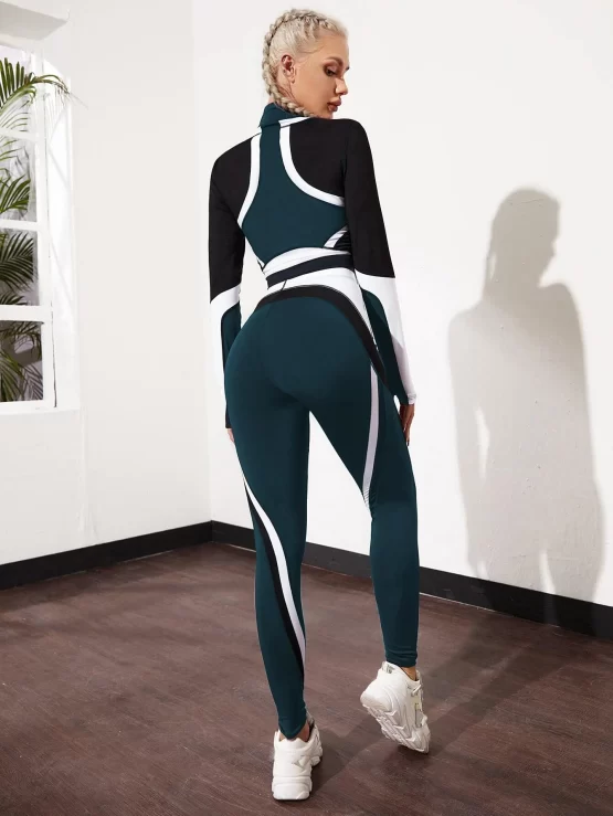 Breathable Color Block Tee & Leggings Sports Set - Image 3