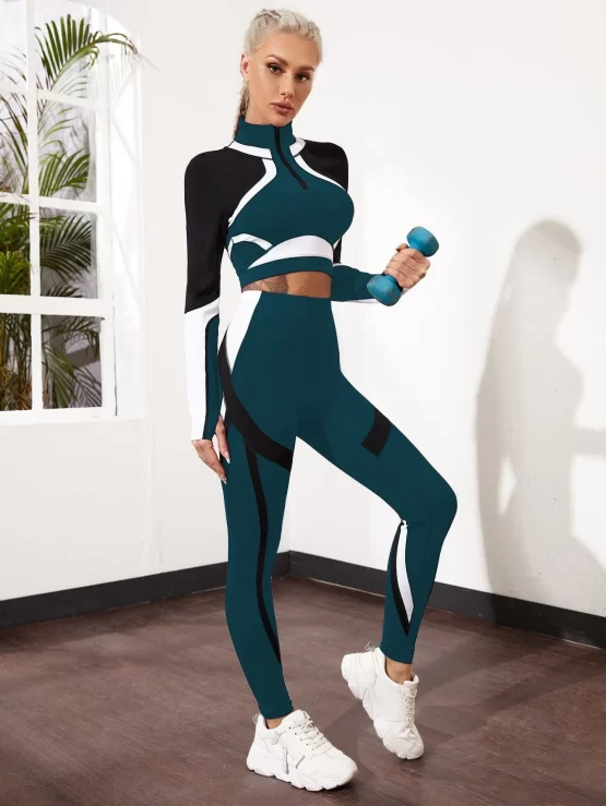 Breathable Color Block Tee & Leggings Sports Set - Image 2