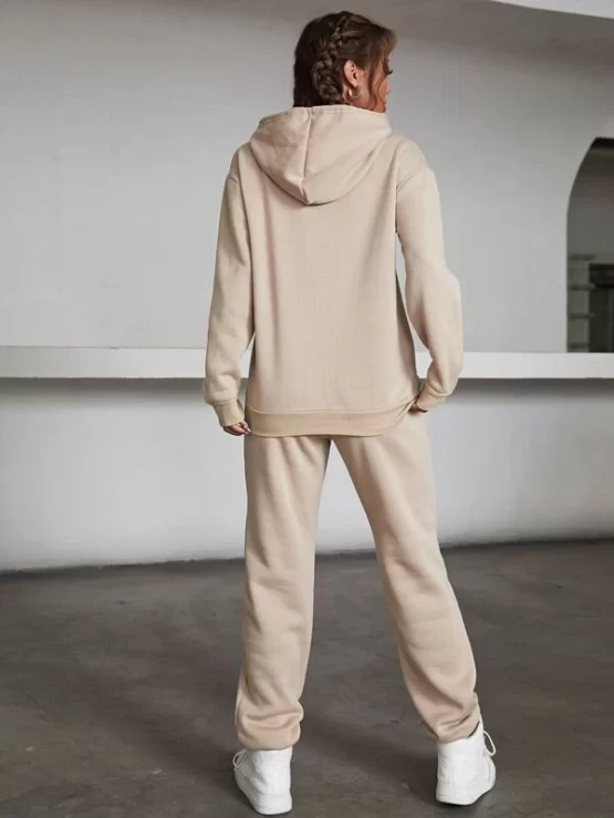 Letter Graphic Drop Shoulder Drawstring Thermal Hoodie & Sweatpants - Image 4