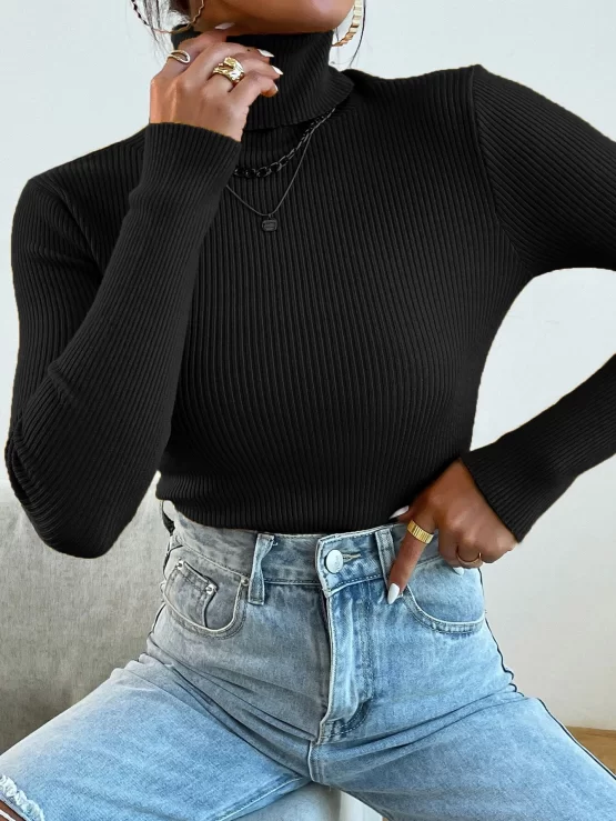 Turtleneck Ribbed Knit Sweater Without Necklace - Image 12
