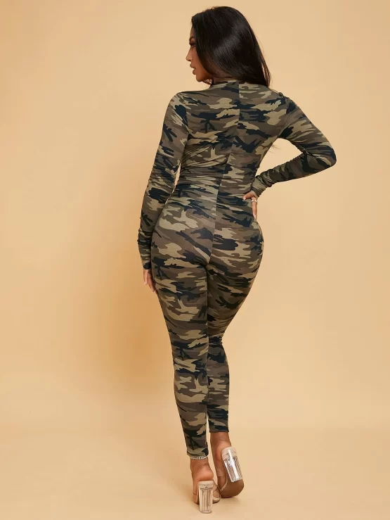Camo Print Zip Up Unitard Skinny Jumpsuit - Image 2
