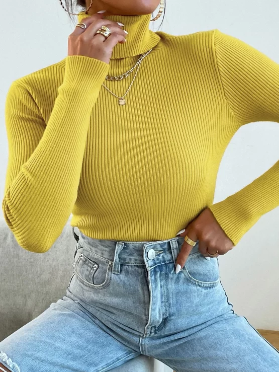Turtleneck Ribbed Knit Sweater Without Necklace - Image 2