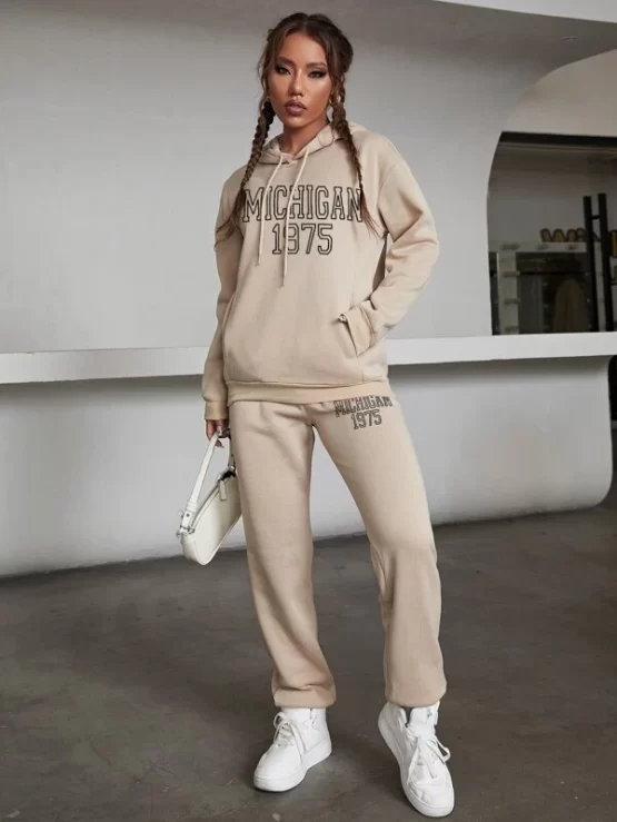 Letter Graphic Drop Shoulder Drawstring Thermal Hoodie & Sweatpants - Image 5