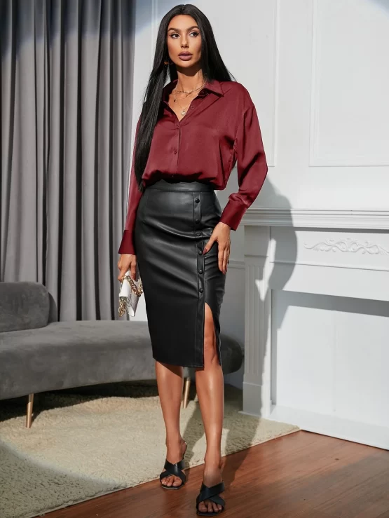 Fake Button Split Pocket PU Hem Skirt - Image 2