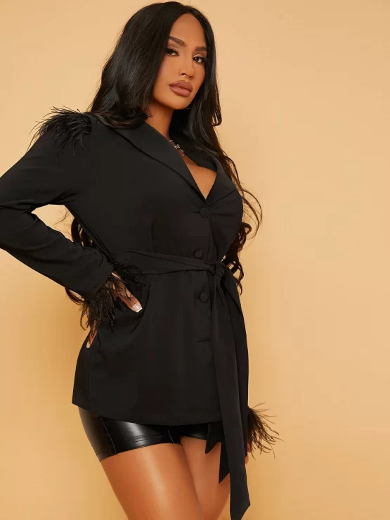 Lapel Neck Fuzzy Trim Belted Front Blazer - Image 3