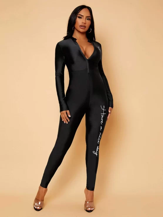 Letter Graphic Sexy Zipper Front Unitard - Image 2