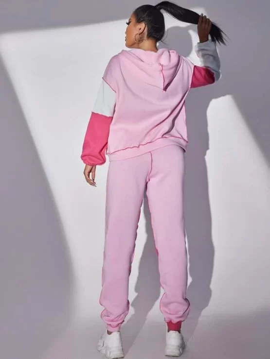Color Block Top-stitching Drop Shoulder Drawstring Thermal Hoodie & Sweatpants - Image 3