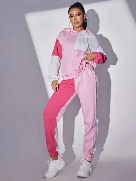 Color Block Top-stitching Drop Shoulder Drawstring Thermal Hoodie & Sweatpants - Image 2